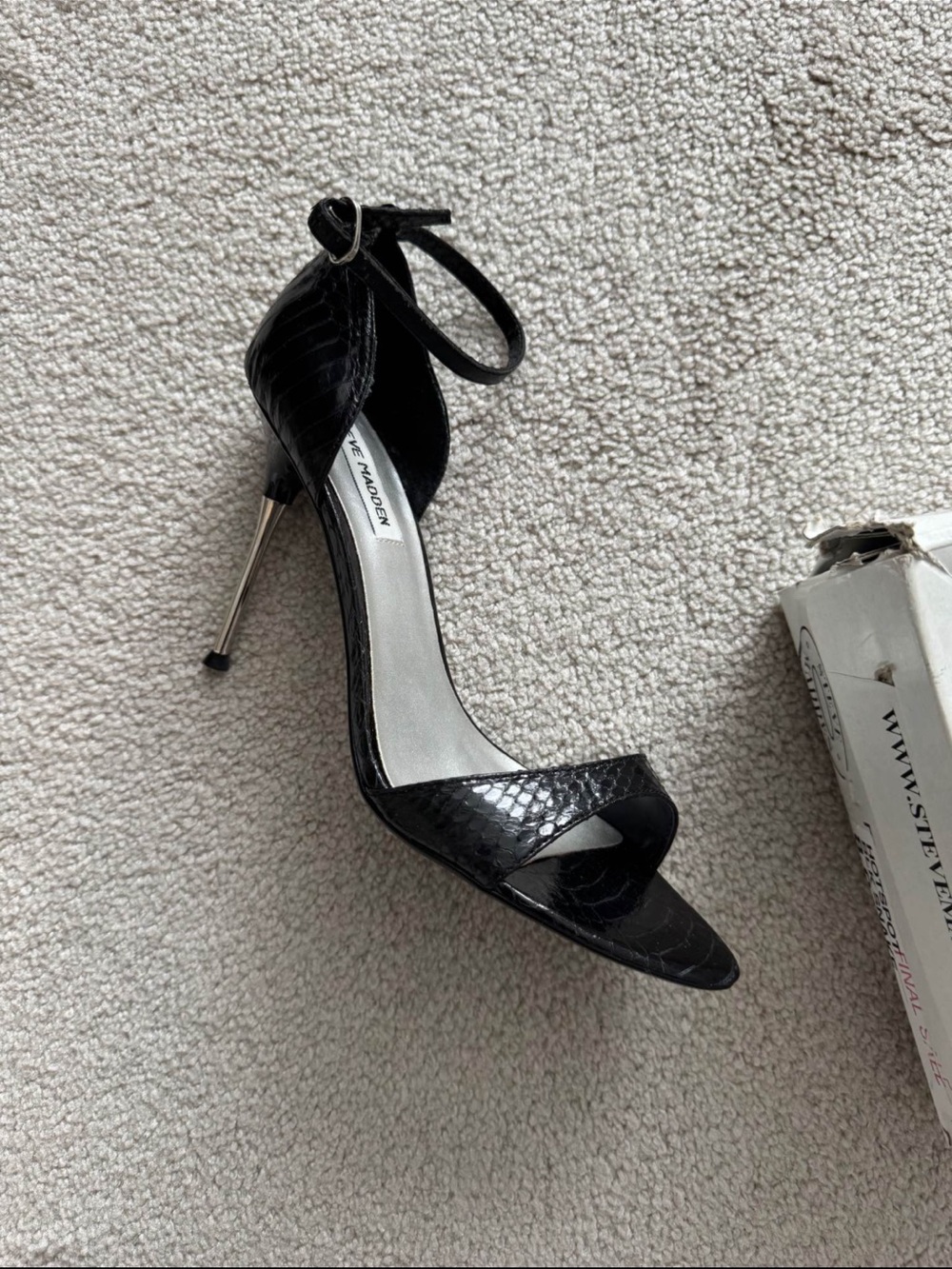 Steve Madden Black Snake-Embossed Ankle-Strap Stiletto Sandals with Silver Heel